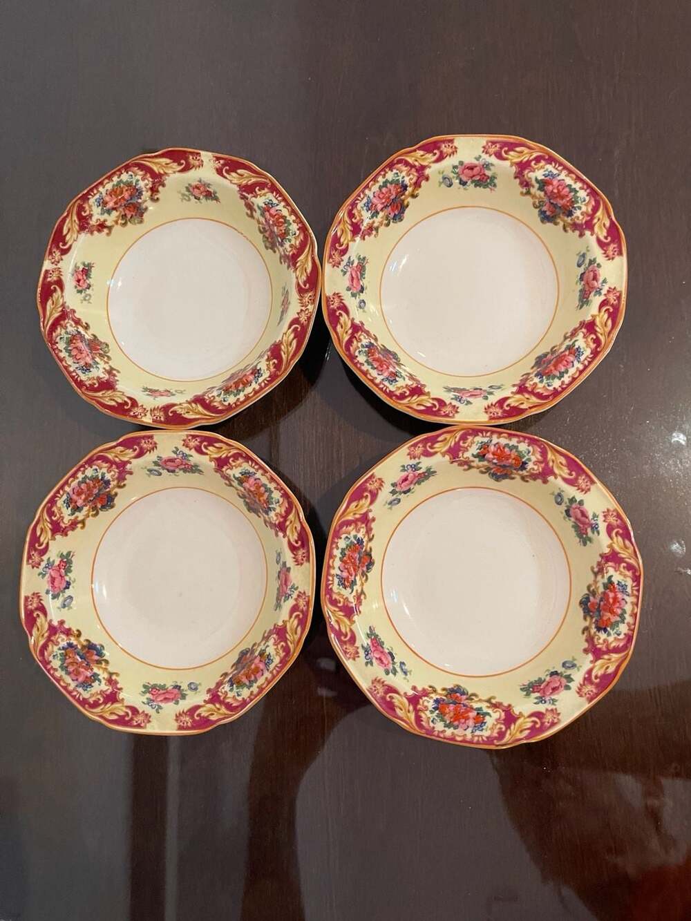 Vtg Crown Ducal CRD38 Maroon Rim Floral 5" Fruit Dessert Bowls Set of 4